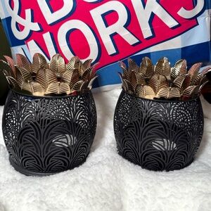 Pair of Bath & Body Works Pineapple Metal Bl/Gld Lumnry 3 Wick Candle Holders